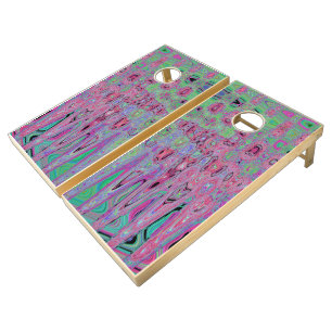 Pink and Lime Green Groovy Abstract Atomic Waves Cornhole Set