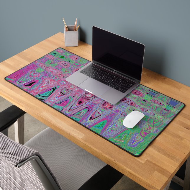 Pink and Lime Green Groovy Abstract Atomic Waves Desk Mat (Office 2)