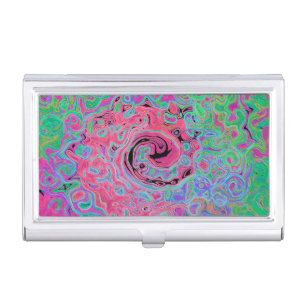 Pink and Lime Green Groovy Abstract Retro Swirl Business Card Case