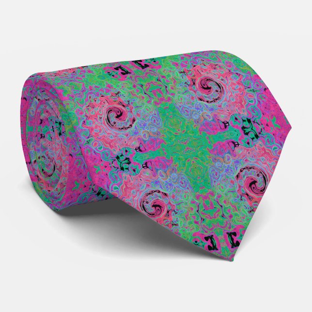 Pink and Lime Green Groovy Abstract Retro Swirl Neck Tie (Rolled)