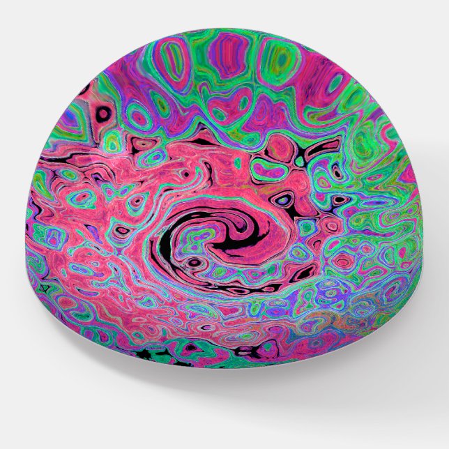 Pink and Lime Green Groovy Abstract Retro Swirl Paperweight (Angled)