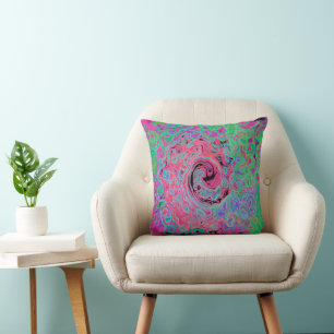 Pink and Lime Green Groovy Abstract Retro Swirl Throw Pillow