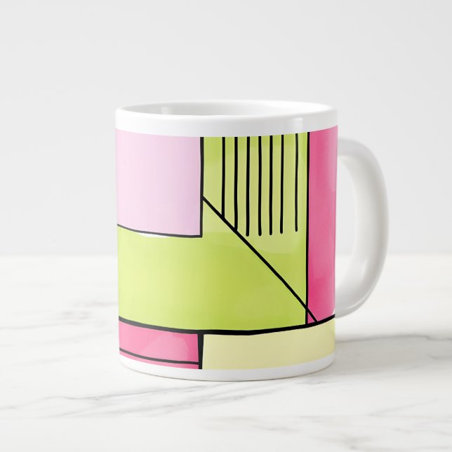 Pink and Lime-Green Patchwork Abstract Giant Coffee Mug (Front Right)