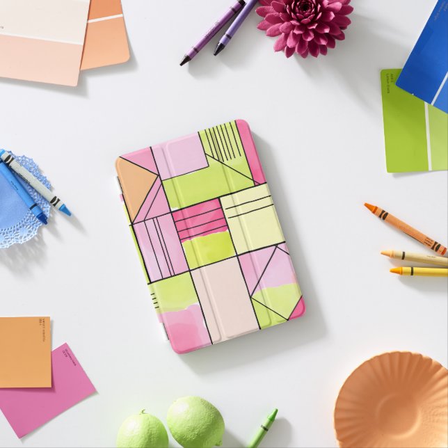 Pink and Lime-Green Patchwork Abstract iPad Mini Cover (In Situ)