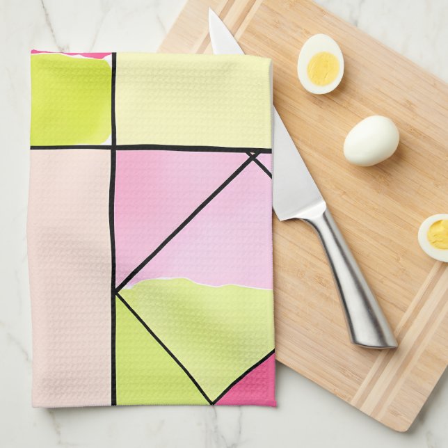 Pink and Lime-Green Patchwork Abstract Kitchen Towel (Quarter Fold)
