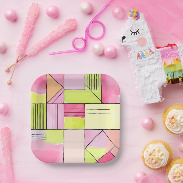Pink and Lime-Green Patchwork Abstract Paper Plates (Party)