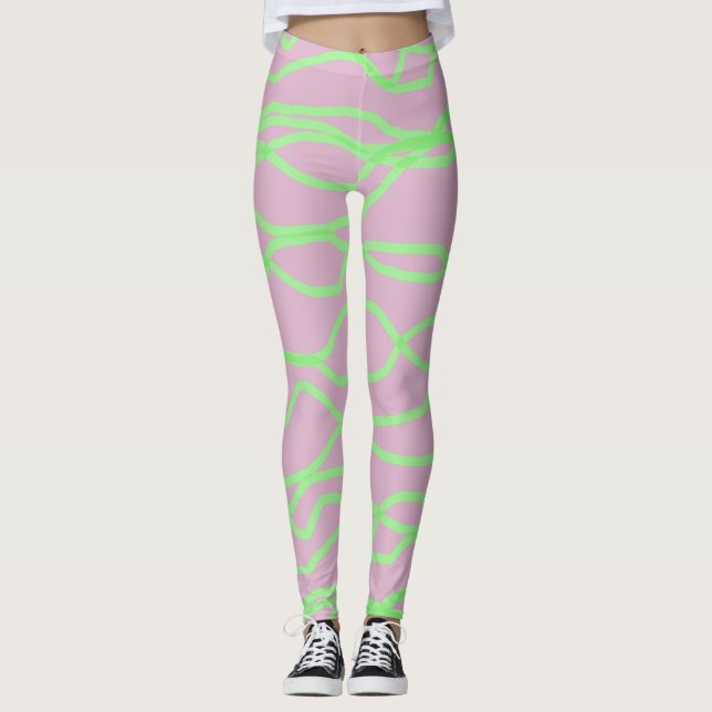 Pink and Lime Green Squiggly Abstract Leggings (Front)