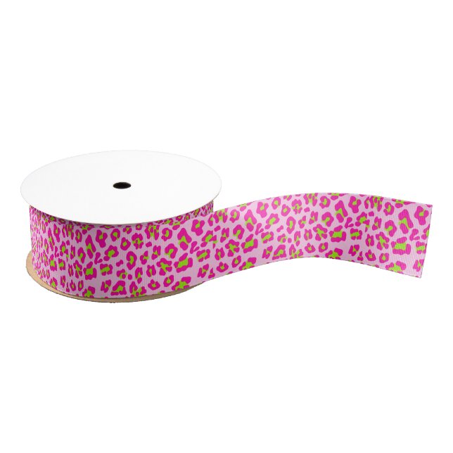 Pink and Lime Leopard Cheetah Print Grosgrain Ribbon (Spool)
