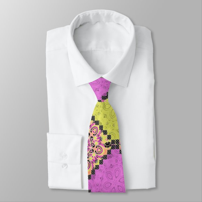 Pink and lime , patchwork neck tie (Tied)