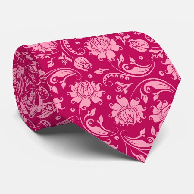 Pink And Magenta Floral Damask Pattern Neck Tie (Rolled)