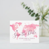 Pink and Maroon Watercolor World Map Save the Date Announcement Postcard (Standing Front)