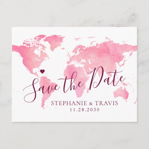 Pink and Maroon Watercolor World Map Save the Date Announcement Postcard