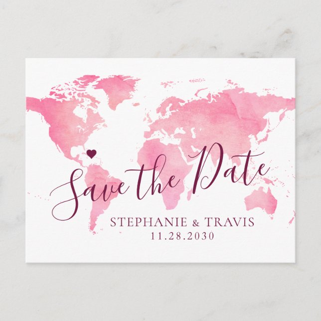 Pink and Maroon Watercolor World Map Save the Date Announcement Postcard (Front)