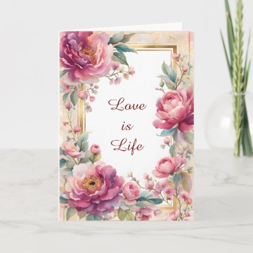 Pink and Mauve Roses Gold Frame Valentine Holiday Card