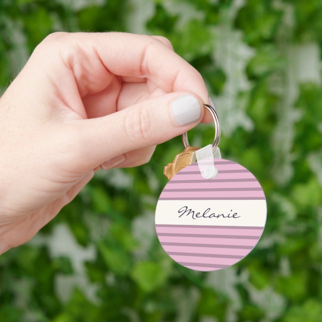 Pink and Mauve Striped Design Personalized Keychain (Hand)