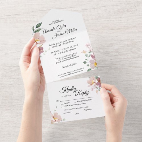 Pink and Mauve Vintage Floral Wedding All In One Invitation