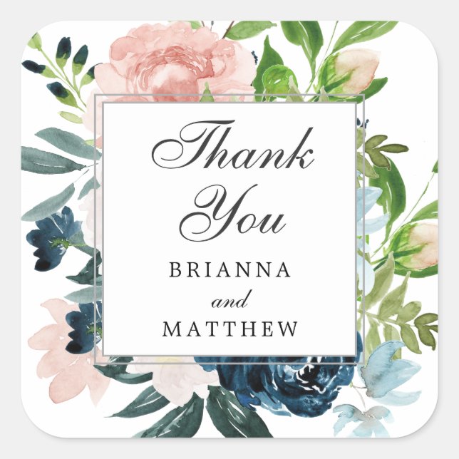 Pink and Midnight Blue Floral Wedding Favor Square Sticker (Front)