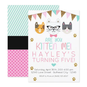 Pink and Mint Are You Kitten Me Cat Birthday Invitation