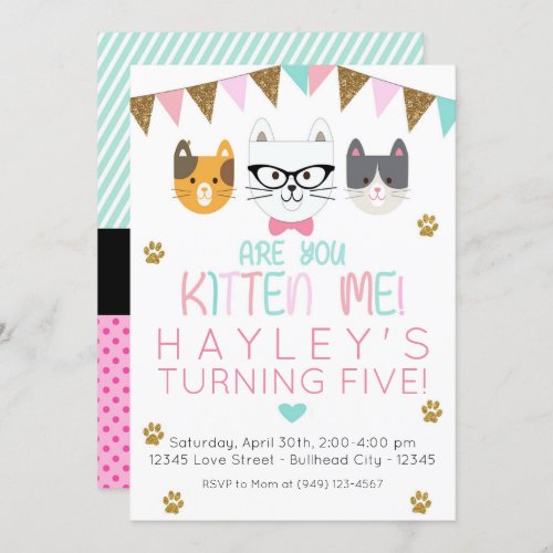 Pink and Mint Are You Kitten Me Cat Birthday Invitation