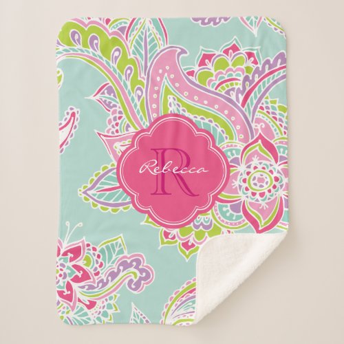 Pink and Mint Boho Paisley Monogrammed Sherpa Blanket