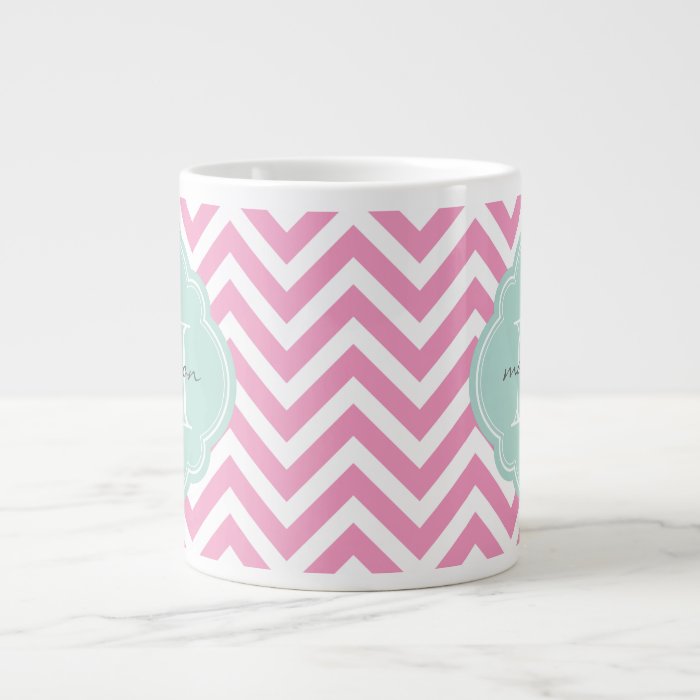 Pink and Mint Chevron Custom Monogram Extra Large Mugs