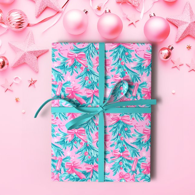 Pink and Mint Christmas Boughs and Ornaments  Wrapping Paper (Creator Uploaded)