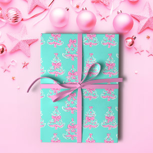 Pink and Mint Coquette Christmas Trees Wrapping Paper