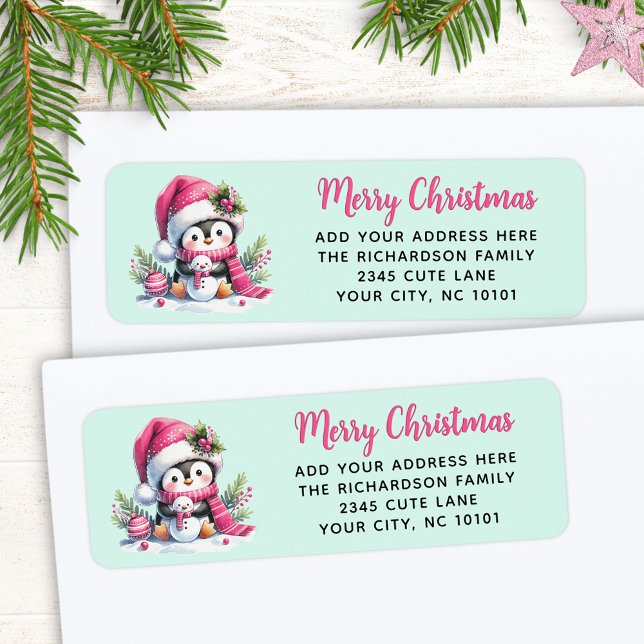 Pink and Mint Cute Penguin Custom Merry Christmas Label (Creator Uploaded)