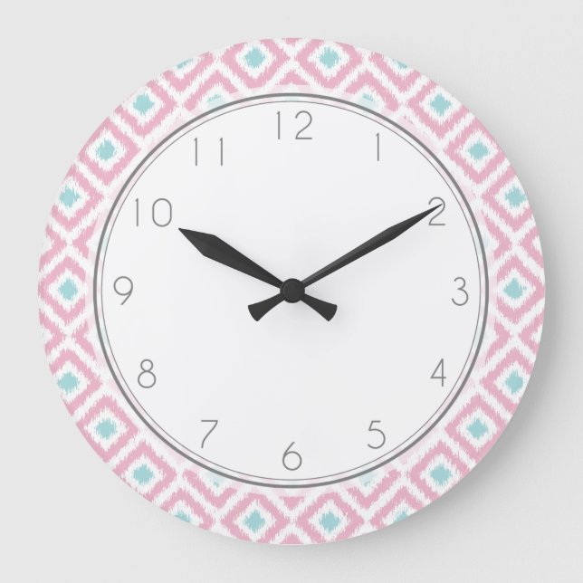Pink and Mint Diamond Ikat Pattern Large Clock (Front)