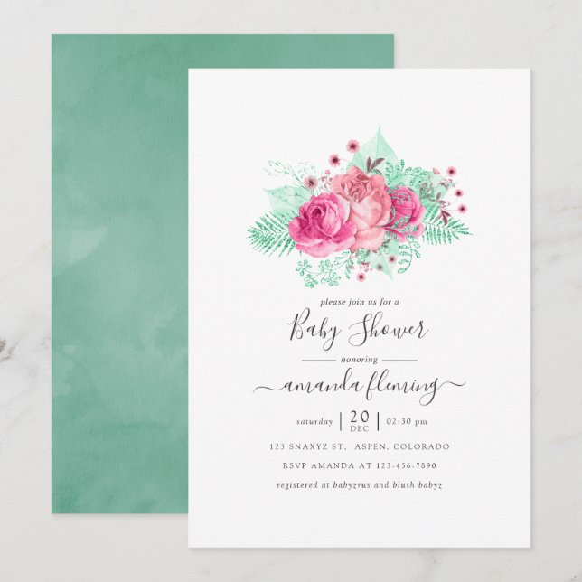 Pink and Mint Floral Baby Shower Invitation (Front/Back)
