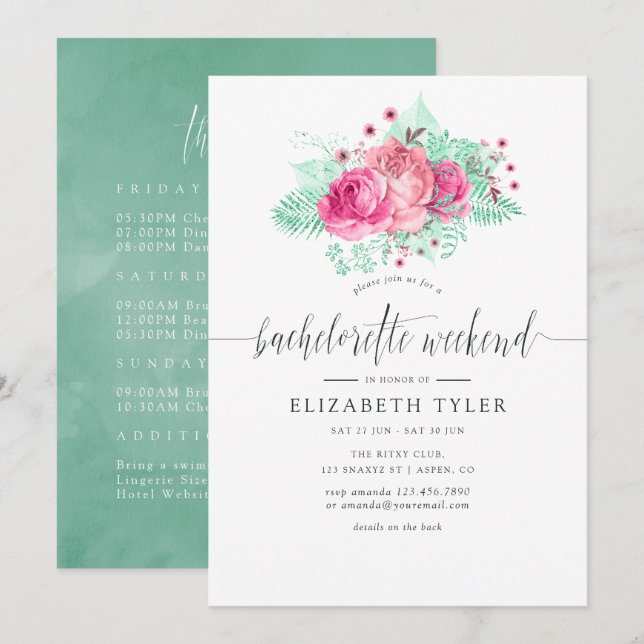 Pink and Mint Floral Bachelorette Weekend Invite (Front/Back)