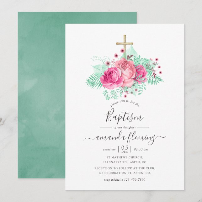 Pink and Mint Floral Baptism Invitation (Front/Back)
