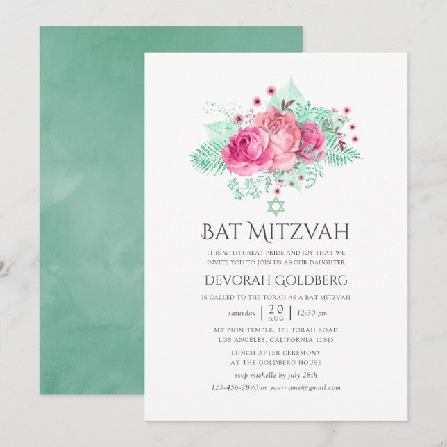 Pink and Mint Floral Bat Mitzvah Invitation (Front/Back)
