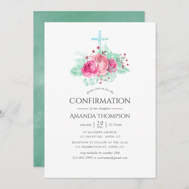 Pink and Mint Floral Confirmation Invitation (Front/Back)
