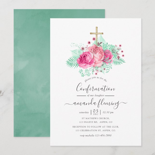 Pink and Mint Floral Confirmation Invitation (Front/Back)