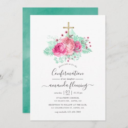 Pink and Mint Floral Confirmation Invitation