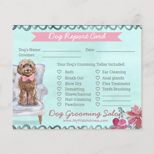 Pink and Mint Floral Dog Grooming Report Card  Flyer (Front)