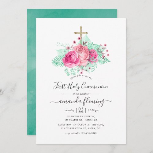 Pink and Mint Floral First Holy Communion Invitation