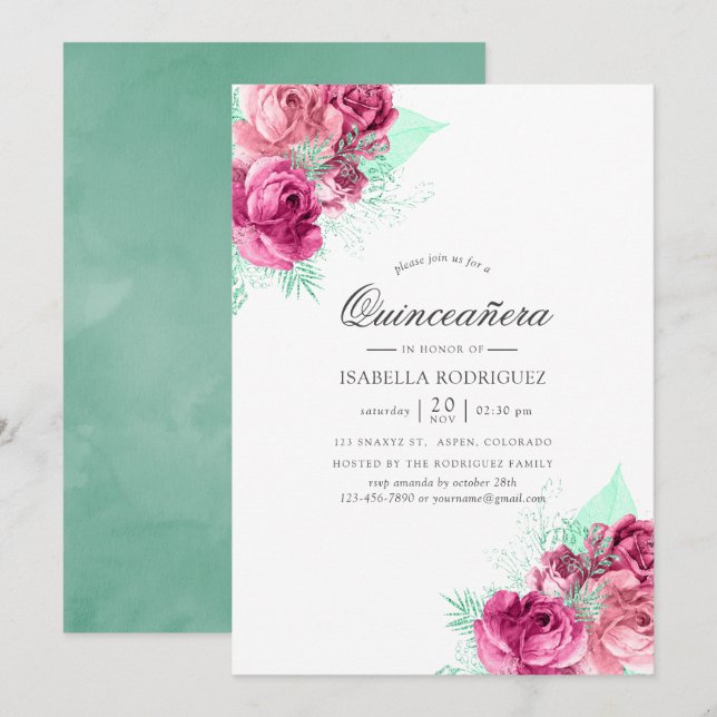 Pink and Mint Floral Quinceañera Invitation (Front/Back)