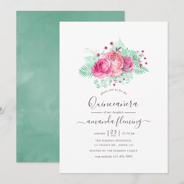 Pink and Mint Floral Quinceañera Invitation (Front/Back)