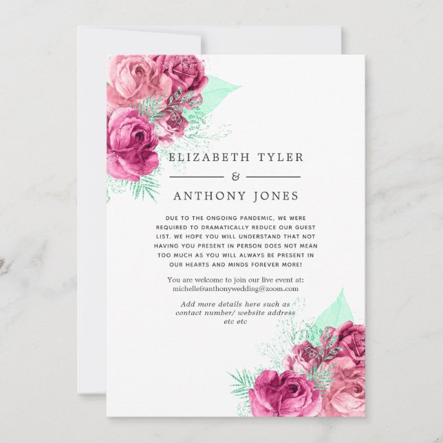 Pink and Mint Floral Reduced Wedding Guest List Announcement (Front)