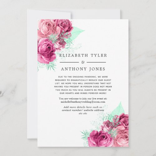 Pink and Mint Floral Reduced Wedding Guest List Announcement