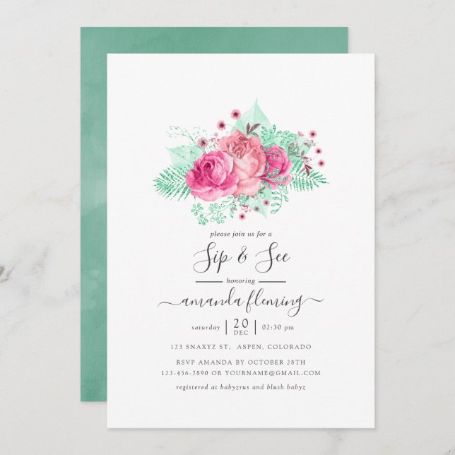 Pink and Mint Floral Sip and See Invitation (Front/Back)