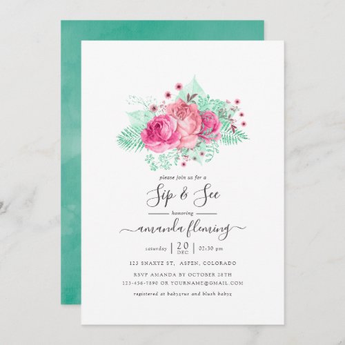 Pink and Mint Floral Sip and See Invitation
