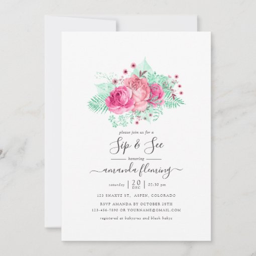 Pink and Mint Floral Sip and See Invitation | Zazzle