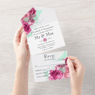 Pink and Mint Floral Wedding All In One Invitation
