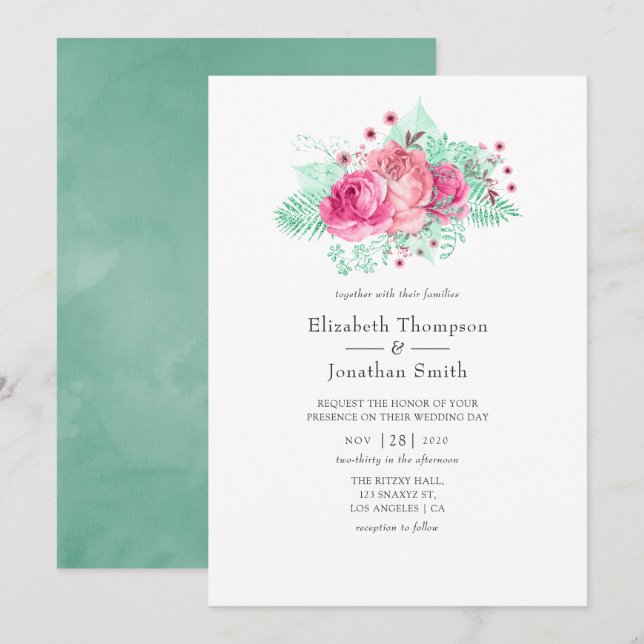 Pink and Mint Floral Wedding Invitation (Front/Back)