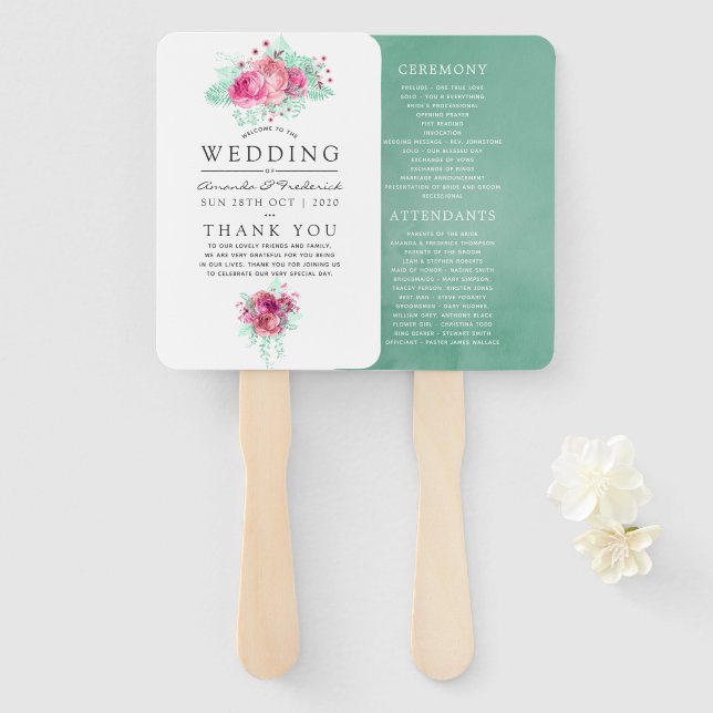 Pink and Mint Floral Wedding Program Hand Fan (Front and Back)