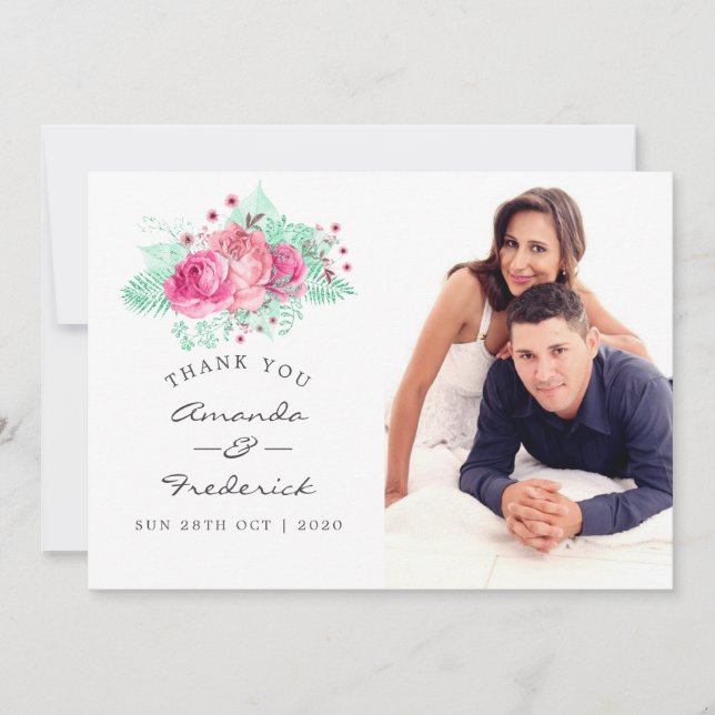Pink and Mint Floral Wedding Thank You Card (Front)
