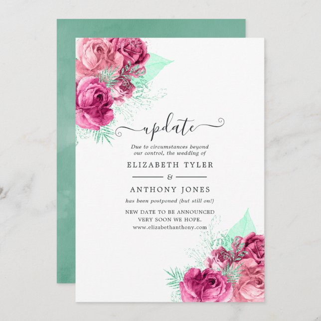 Pink and Mint Floral Wedding Update Invitation (Front/Back)